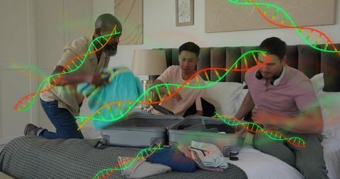 Friends Packing Luggage Together with Floating DNA Strands Illustrating Genetics and Travel