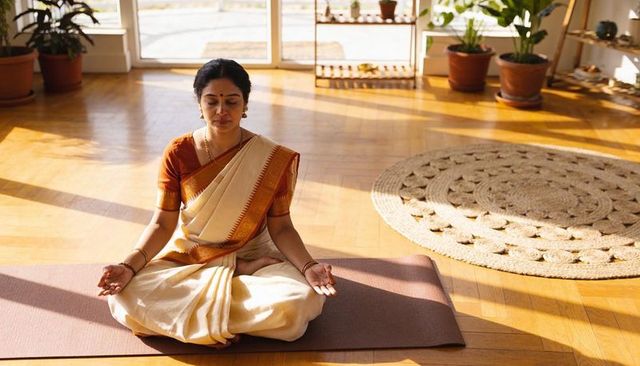 Indian woman meditating in sari on yoga mat in sunlit minimalist living room