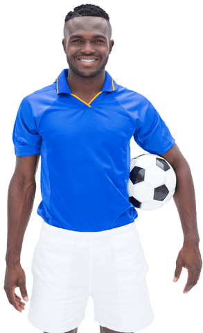 Smiling Soccer Player Holds Ball on Transparent Background
