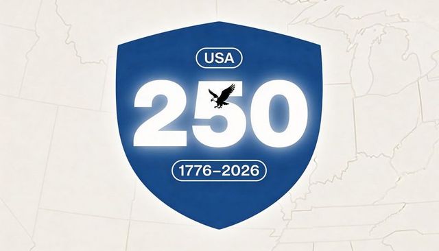 Usa 250 shield emblem with eagle and 1776-2026 anniversary badge on us map