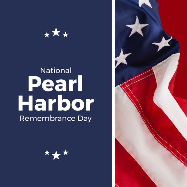 Collage of flag of america and national pearl harbor remembrance day text with star shapes. Copy space, digital composite, vector, memorial, remembrance, war, honor and patriotism concept.