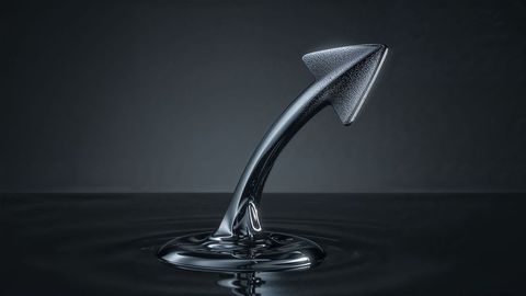 Sleek metallic curved arrow emerging from rippled pool