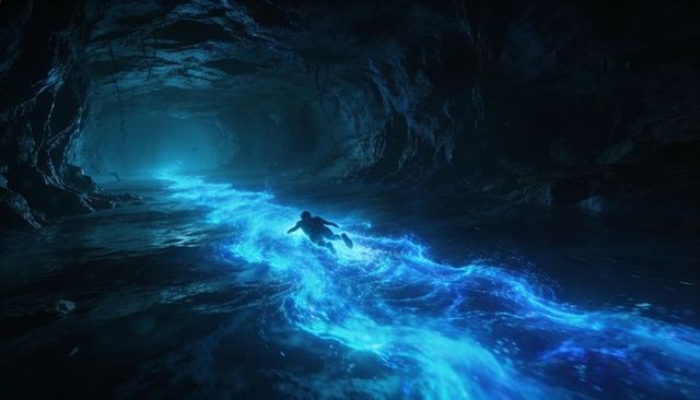 Gliding solo silhouette through bioluminescent cave river, neon blue flow lighting tunnel