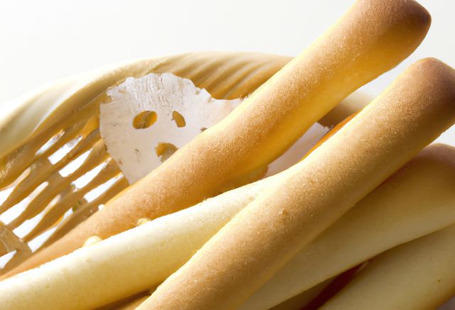Shows a close-up view of freshly baked breadsticks stacked in a rustic basket. The golden brown and crispy texture highlights their delicious appearance, making it suitable for culinary blogs, advertisements for bakeries, restaurant menus, and food product promotions. Ideal for use in articles discussing appetizers, meals, or baking techniques.