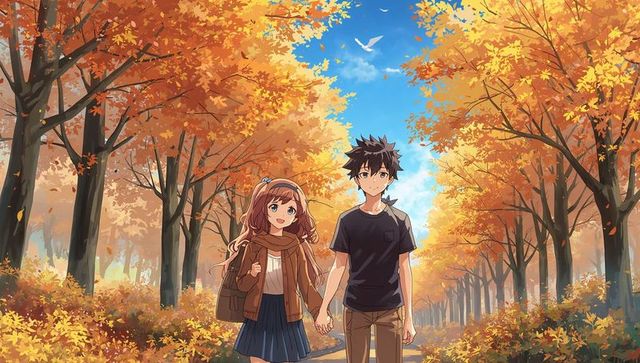 Teen Couple Walking Hand-in-Hand on Autumn Tree-Lined Path with Falling Leaves