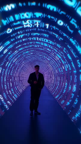 Vertical video of man walking through LED data tunnel with neon cyan and purple lights
