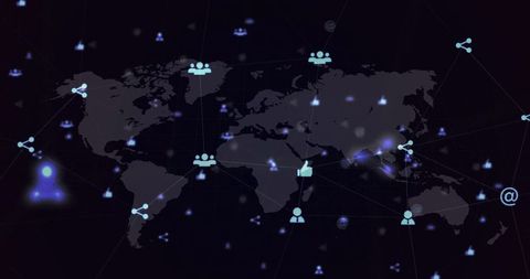 Connecting global network with neon blue user icons and glowing links