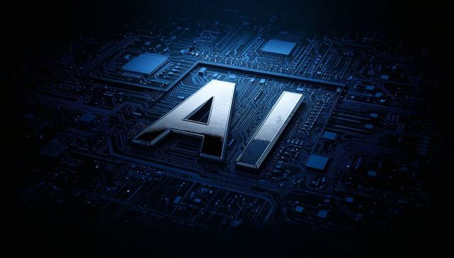 Ai emblem reflecting blue light on metallic circuit board with microchips and traces