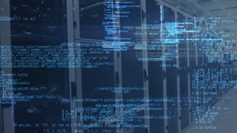 Data Processing Animation in Modern Server Room Background