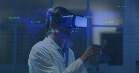 Lab Scientist Wearing VR Headset Interacting with Holographic World Map and Data