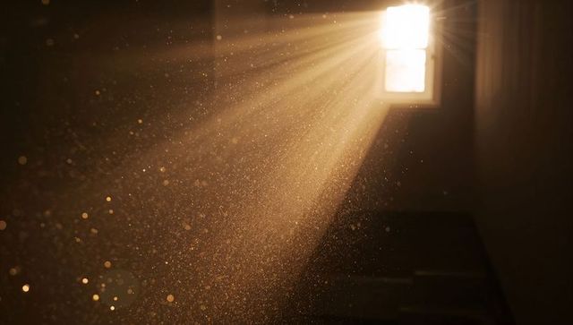 Streaming golden sunbeam revealing floating dust in quiet attic room