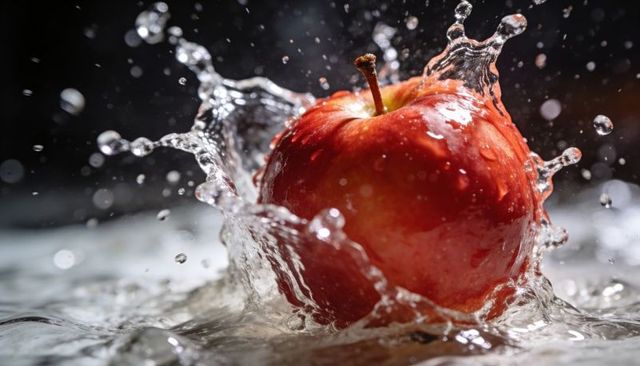 Glossy red apple splashing into water with crown of droplets high-speed macro