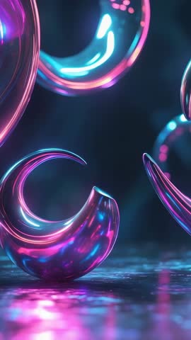Neon Crescent Orbs Drifting on Reflective Floor Vertical Abstract Motion Loop
