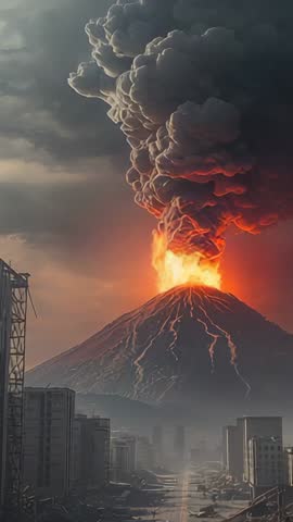 Erupting volcano sending glowing lava streams down ruined streets | Vertical video