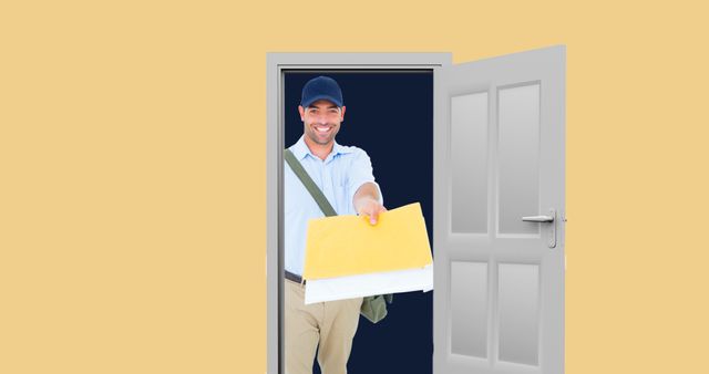 Caucasian delivery man showing folder while standing at door with peach colored wall. Digital composite, occupation, service, copy space, delivering.