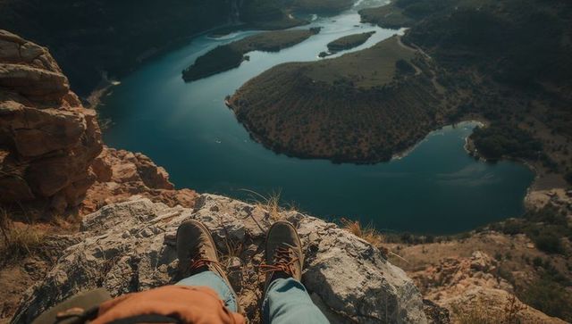 Cliff-edge hiker overlooking winding river meander and canyon panorama at sunset
