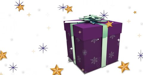 Vibrant Purple Gift Box with Snowflake Design and Festive Accents