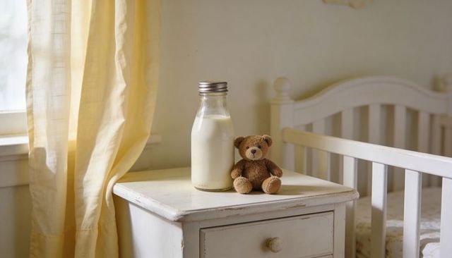 Sunlit nursery nightstand with milk bottle and teddy bear resting by crib