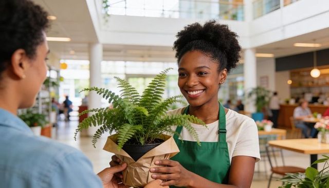 Smiling retail assistant handing wrapped potted fern to customer in modern cafe shop