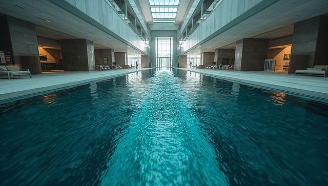 Turquoise Indoor Pool Stretching Through Luxury Hotel Atrium With Skylight Reflections