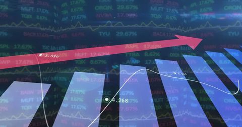 Red arrow with financial data displays business growth