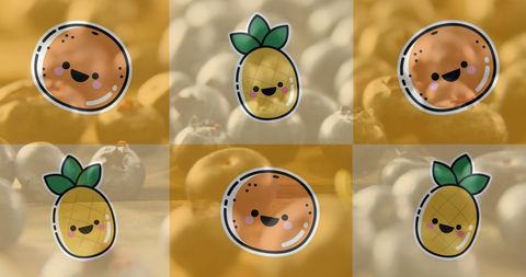 Playful fruit illustrations over fresh blueberries