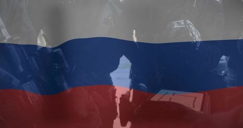 Tactical silhouettes inside van with Russian flag overlay, security transport concept
