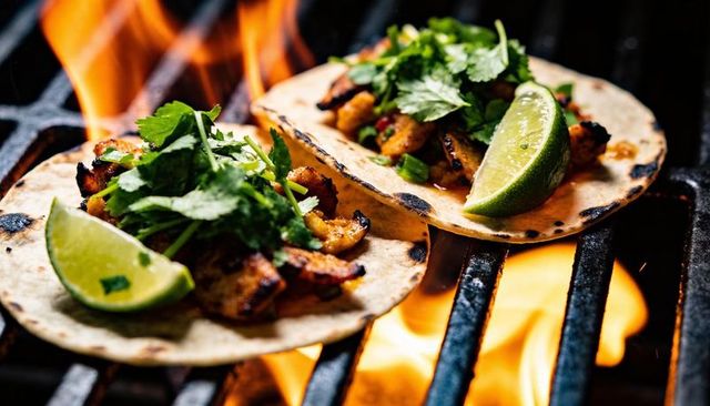 Grilling chicken tacos on corn tortillas with fresh cilantro and lime over open flame