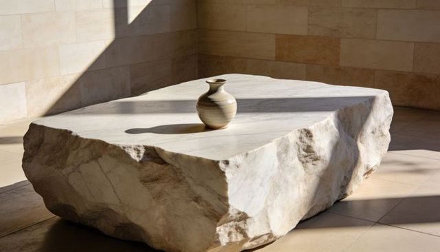 Sunlit marble plinth with ceramic vase casting geometric shadows minimalist gallery corner