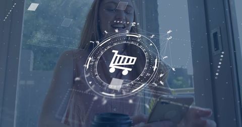 Woman smiling tapping ar shopping cart on smartphone while holding coffee at cafe window