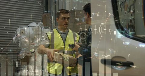 Delivery worker in warehouse with financial data overlay