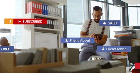 Business Professional Engaging with Digital Media in Modern Office