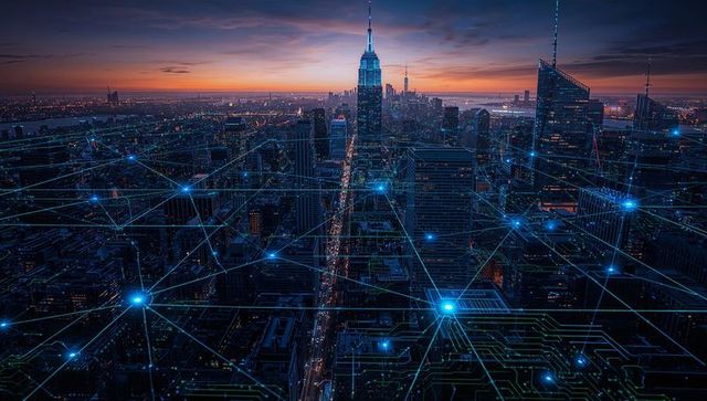 New York Skyline with Digital Grid Overlay at Dusk