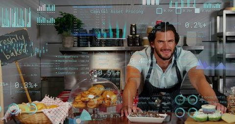 Artisan baker arranging croissants on rustic counter with financial analytics overlay