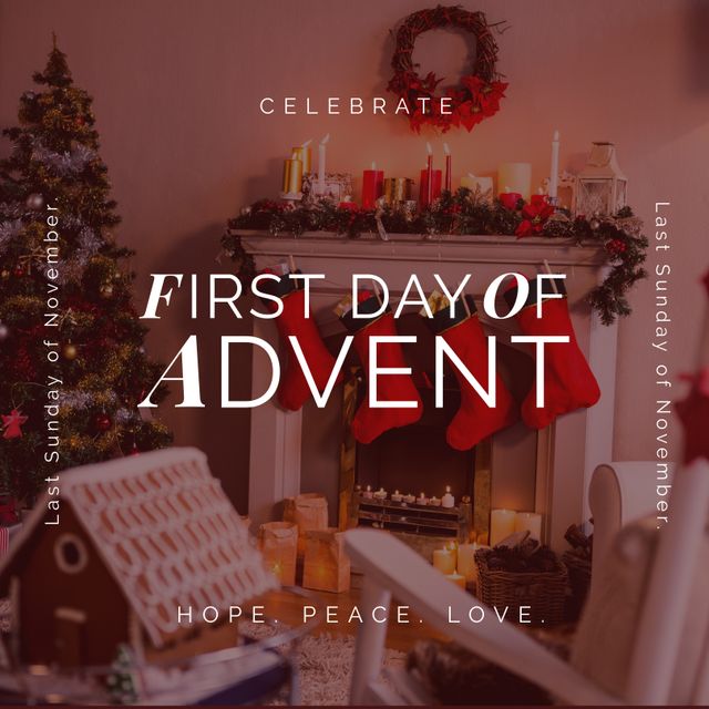 Composition of first day of advent text over candles and christmas decorations. Advent tradition and celebration concept digitally generated image.