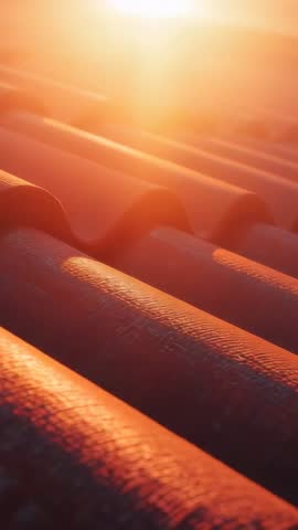 Vertical panning over weathered corrugated roof at golden hour with warm sun flare