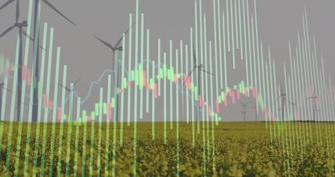Wind energy investment overlaying canola field with translucent financial charts