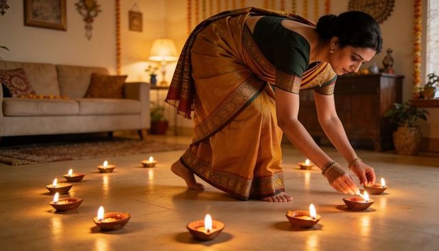 Indian woman lighting diyas in mustard saree for diwali living room celebration with marigold