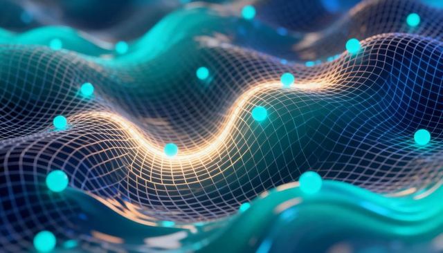 Glowing Data Wave Network with Mesh Grid and Floating Nodes Visualizing AI Analytics Flow