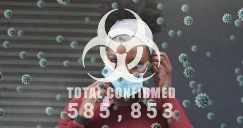 Woman adjusting face mask with biohazard graphic and confirmed cases 585,853