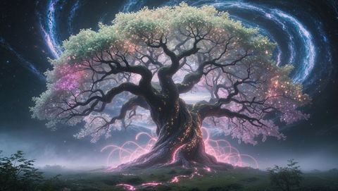 Enchanted dreaming tree glowing under cosmic vortex in misty meadow