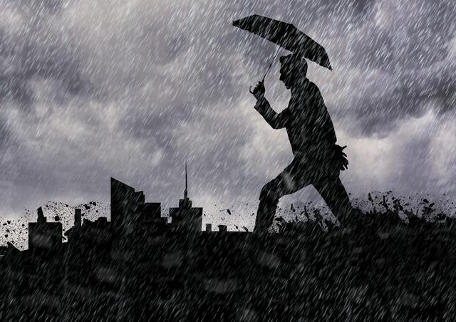Silhouette of a man holding an umbrella in a rainy urban setting highlights protection and resilience. Ideal for illustrating themes such as weather conditions, city life, and overcoming challenges. Great for use in advertisements, posters, blog posts about rainy days or urban living.