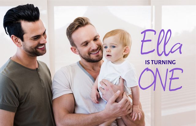 Two happy fathers are holding and celebrating their baby's first birthday. Ideal for family celebration, parenting, and LGBTQ+ community content.