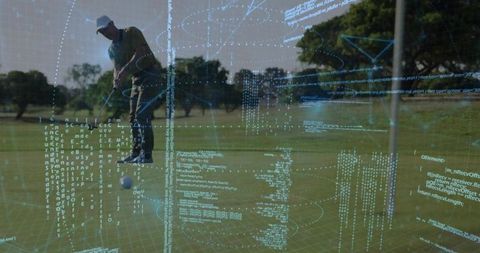 Golfer Practicing Putt with Augmented Reality Code Overlay Visualizing Swing Metrics