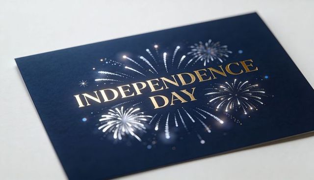 Luxurious navy blue independence day card with gold foil text and sparkling fireworks