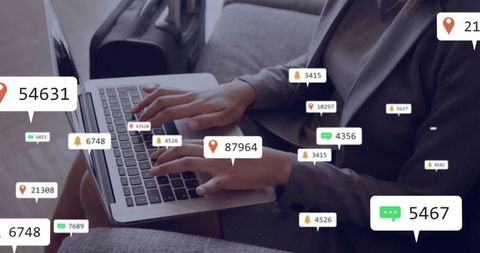 Businesswoman Using Laptop in Airport with Digital Business Analytics