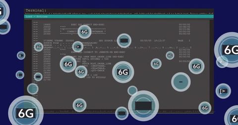 Futuristic 6g network interface mockup featuring terminal console, neon bubbles & teal ui