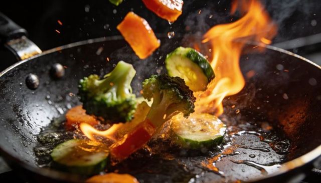 Stir-frying broccoli zucchini and carrot with dramatic flames and sizzle closeup