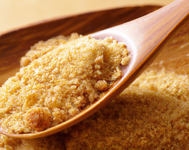 Close view of wooden spoon holding a scoop of crushed breadcrumbs. Ideal for use in cooking and culinary applications, recipes, food blogs, kitchen design, cooking magazines, and nutritional discussions.