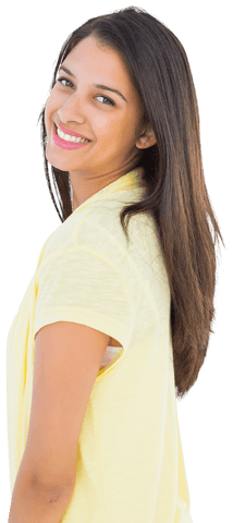 Smiling Happy Woman in Yellow Top on Transparent Background